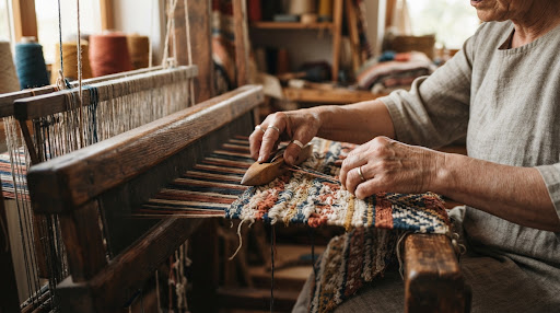 A close-up photograph of hands working with woven textiles. The lighting highlights the intricate texture of the fabric and the skill of the artisan. The image is warm, tactile, and conveys a sense of heritage and careful craftsmanship.