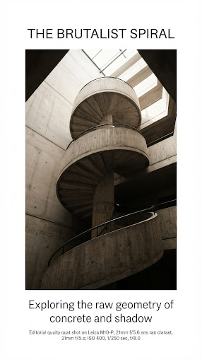A minimalist architectural photograph of a brutalist concrete staircase winding upwards. Deep shadows and stark highlights, monochromatic warm tones, emphasizing form and structure in an editorial style.