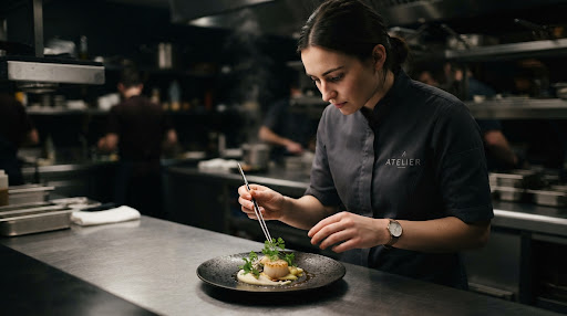 A beautifully composed, cinematic portrait of a young culinary innovator working in a pristine, stainless-steel kitchen. The lighting creates a dramatic chiaroscuro effect, focusing on intense concentration as delicate herbs are placed on a plate. The colors are muted, relying on deep blacks and crisp whites, conveying a sense of Michelin-star precision and passionate artistry.