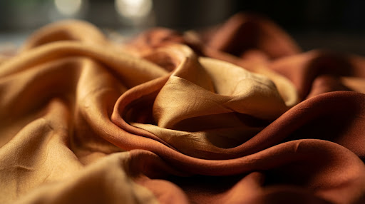 An abstract, macro shot of flowing silk fabric in deep hues of gold and rust. The lighting accentuates the sheen and the complex folds, turning a simple textile into a landscape of light and shadow. The composition is fluid and elegant, representing the intersection of fashion, luxury craftsmanship, and timeless design.