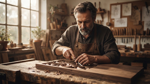 A portrait of an artisan in a softly lit studio, carefully carving a large piece of dark wood. Warm natural light filtering through a window, dust motes in the air, creating a rich, textured, and intimate atmosphere.