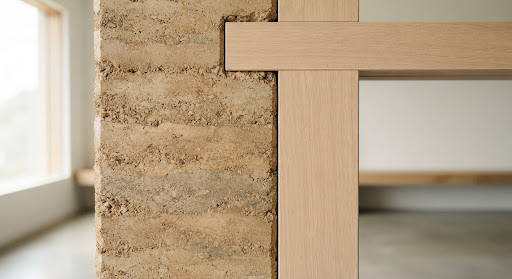 Detail of the rammed earth walls, Dakar Meditation Pavilion.