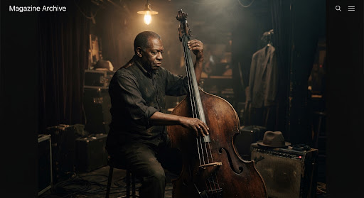 A moody, low-light photograph of a jazz musician tuning a double bass backstage. The ambient lighting catches the polished wood of the instrument and the subtle smoke in the air, creating a rich, textural atmosphere. The aesthetic leans into a cinematic, analog film style, emphasizing authenticity, cultural history, and deep artistic resonance.