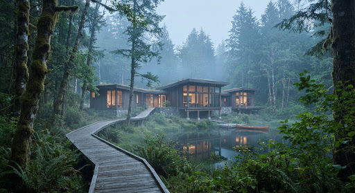 A serene landscape photograph featuring a minimalist eco-lodge nestled amongst dense, ancient forest. The architecture uses natural timber and glass, blending seamlessly with the environment. Early morning mist hangs low among the trees, illuminated by soft, cool dawn light. The image conveys sustainable luxury, quiet retreat, and a harmonious relationship with nature.