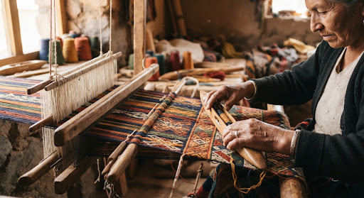A refined, close-up photograph of artisan hands carefully weaving a vibrant, complex textile pattern. The lighting is warm, directional natural light spilling from a side window, highlighting the texture of the threads and the dust motes in the air. The color palette focuses on rich earth tones, golds, and deep indigo. The aesthetic feels tactile, culturally rich, and meticulously documented.