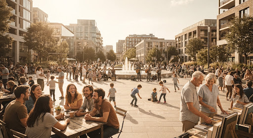 An expansive, wide-angle shot of a vibrant community gathering in a sunlit public square, framed by modern urban architecture. The scene captures candid moments of interaction, laughter, and connection. The lighting is bright and optimistic, casting long, soft shadows. The color grading emphasizes warm sepia undertones, evoking a sense of nostalgia mixed with contemporary urban life.