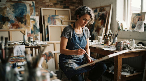 A portrait of a contemporary artist in their studio, surrounded by unfinished canvases. The mood is intimate and focused, with soft, directional lighting creating deep shadows and highlighting the artist's expression and materials.