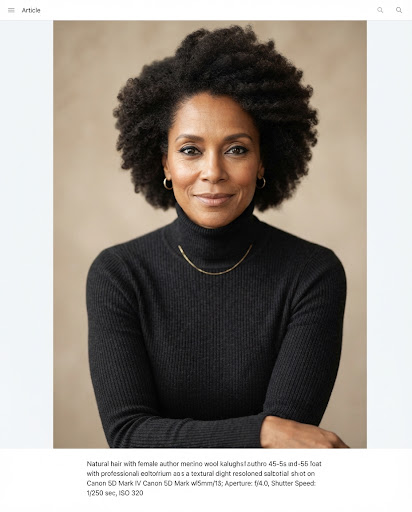 A medium close-up portrait of the author, an elegant woman with natural hair, wearing a simple dark turtleneck against a neutral beige background. She looks directly at the camera with a calm, intelligent expression. High fashion editorial lighting.