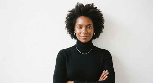 A documentary-style portrait of a sophisticated Black woman with natural hair, wearing a minimalist black turtleneck, standing against a stark white studio background. The lighting is soft and cinematic, emphasizing the textures of her clothing and skin. High-end editorial aesthetic, Monocle magazine style, muted color palette with sharp contrast.