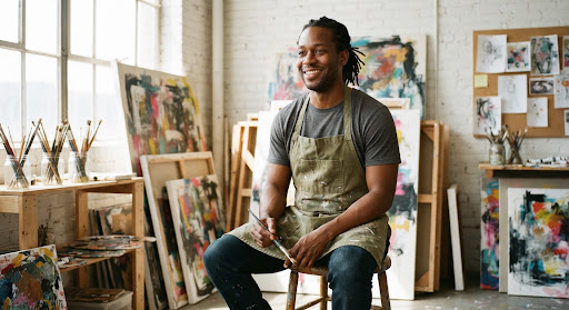 A relaxed documentary portrait of a Black artist in a sunlit studio with abstract canvases in the background. Wearing an apron over a plain tee. The aesthetic is raw and creative. High-end editorial, bright natural light, crisp details.
