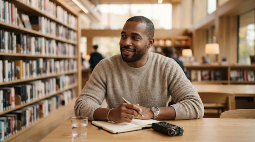 A documentary portrait of a Black journalist in a minimalist library setting, surrounded by blurred books. They are wearing a neutral-toned sweater. The lighting is warm and intellectual. High-end editorial aesthetic, soft contrast, focus on the subject's expression.