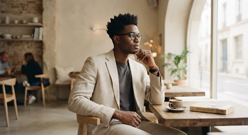 A documentary-style portrait of a young Black man with glasses, wearing a tailored linen suit, sitting thoughtfully in a minimalist cafe setting with soft natural light streaming in. The atmosphere is intellectual and calm. High-end editorial aesthetic, Kinfolk magazine style, muted color palette with warm ivory tones.