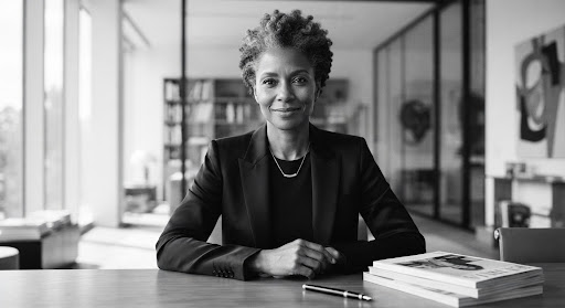 A striking, editorial-style portrait of the founder of ELIKIA magazine. The subject is looking confidently at the camera, dressed in minimalist, elegant attire. The lighting is soft and flattering, casting subtle shadows to emphasize depth. Shot in black and white, reflecting a premium, intellectual aesthetic.