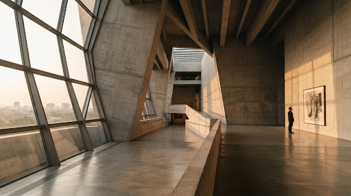 A wide, sweeping architectural shot of a modern, brutalist museum interior, bathed in warm, golden-hour light streaming through massive geometric windows. The composition is highly asymmetric, featuring vast negative space that highlights the stark concrete textures and the solitary figure of a person observing an art piece in the distance. The mood is contemplative, intellectual, and deeply rooted in high-end editorial photography.