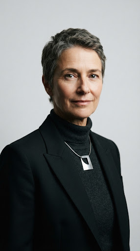 A striking portrait of an architectural critic against a stark, light gray background. The subject is wearing structured, minimalist clothing in dark tones, creating a strong contrast. The image exudes intellectual confidence and a refined, modernist aesthetic characteristic of high-end design publications.
