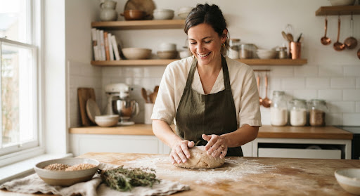 A soft, natural light portrait of a culinary artist. The subject is captured in a minimalist, bright kitchen studio environment with subtle hints of raw ingredients out of focus in the foreground. The mood is warm, artisanal, and authentic, aligning perfectly with a sophisticated lifestyle editorial focus on heritage and craft.