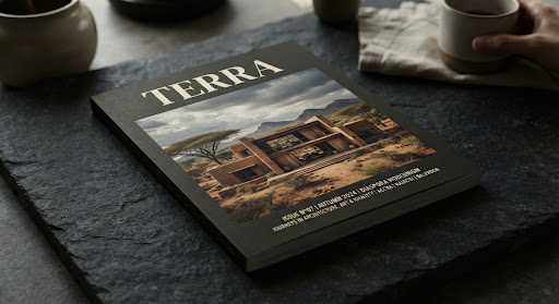 A high-end, photorealistic mockup of a beautifully printed lifestyle and culture magazine resting on a dark, textured surface. The cover features stark, striking photography of modern African diaspora architecture in muted earth tones. The lighting is dramatic and moody, emphasizing the premium paper texture and sharp typographic design typical of luxury editorial publications.