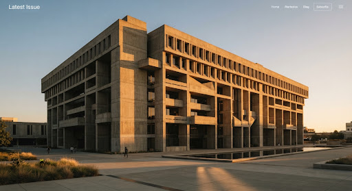 A breathtaking, wide-angle architectural photograph capturing a brutalist concrete structure bathed in warm, golden-hour sunlight. The sharp geometric lines of the building contrast with the soft, organic shadows cast across its facade. The image is grand, cinematic, and embodies a minimalist, high-design aesthetic suitable for a premium editorial cover story feature.