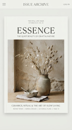 An elegant editorial magazine cover displaying a meticulously styled still life composed of rough-hewn ceramics and delicate dried flora. The lighting is soft and diffused, highlighting the tactile qualities of the objects. The color palette features muted earthy tones like warm stone and ivory. The overall aesthetic is minimalist, serene, and highly sophisticated.