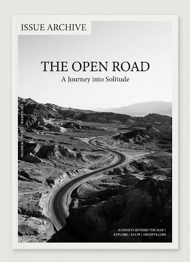 A striking minimalist magazine cover featuring a monochromatic, high-contrast aerial shot of a winding desert road. The harsh sunlight creates sharp shadows and highlights the texture of the arid landscape. The design relies on stark asymmetry and vast negative space, with refined serif typography elegantly placed. The mood is adventurous yet contemplative.