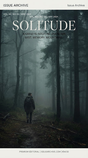 A cinematic, moody editorial magazine cover showing a lone figure walking through a dense, mist-filled forest at dawn. The color palette consists of cool, muted greens and greys, conveying a sense of isolation and introspection. The overall style is sophisticated, minimalist, and reminiscent of premium lifestyle publications. The typography is understated.