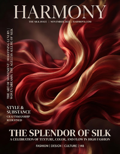 An elegant magazine cover featuring a close-up, abstract photograph of vibrant, flowing silk fabric in deep reds and gold tones. The lighting is soft and luxurious, creating a sense of movement and tactile richness. The aesthetic is high-fashion and editorial, with generous negative space and refined serif typography.