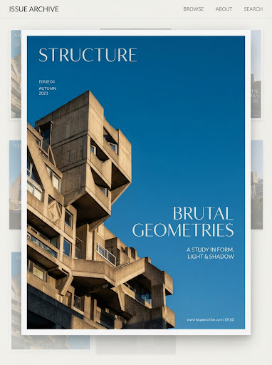 A minimalist editorial magazine cover displaying a stark, geometric architectural photograph of a brutalist concrete structure set against a clear, deep blue sky. The composition is highly asymmetric, reflecting a modern, sophisticated design language. Warm sunlight highlights the rough texture of the concrete. Subtle, elegant typography is positioned in the negative space.