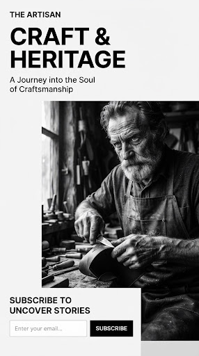 A minimalist editorial cover featuring a striking black and white portrait of an artisan in natural light, with stark contrast and clean typography. The overall mood is sophisticated and culturally rich, emphasizing texture and composition.
