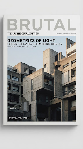 A high-end magazine cover showing an abstract architectural detail of a brutalist building in soft morning light. The image features a muted color palette, emphasizing geometry, shadows, and a clean, modernist aesthetic suitable for a luxury publication.