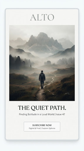 A print publication cover displaying a wide shot of a serene, misty landscape with a solitary figure walking. The color grading is earthy and subtle, conveying a sense of quiet introspection and vast space, aligned with minimalist editorial design.