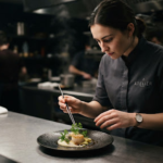 A beautifully composed, cinematic portrait of a young culinary innovator working in a pristine, stainless-steel kitchen. The lighting creates a dramatic chiaroscuro effect, focusing on intense concentration as delicate herbs are placed on a plate. The colors are muted, relying on deep blacks and crisp whites, conveying a sense of Michelin-star precision and passionate artistry.