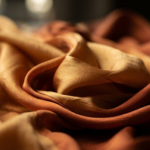 An abstract, macro shot of flowing silk fabric in deep hues of gold and rust. The lighting accentuates the sheen and the complex folds, turning a simple textile into a landscape of light and shadow. The composition is fluid and elegant, representing the intersection of fashion, luxury craftsmanship, and timeless design.