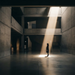 A wide, stunning photograph of a vast, minimalist concrete architectural space with a single beam of dramatic sunlight cutting through the darkness, illuminating a lone figure. High contrast, warm stone and deep shadow tones, reflecting a quiet, contemplative mood.