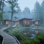 A serene landscape photograph featuring a minimalist eco-lodge nestled amongst dense, ancient forest. The architecture uses natural timber and glass, blending seamlessly with the environment. Early morning mist hangs low among the trees, illuminated by soft, cool dawn light. The image conveys sustainable luxury, quiet retreat, and a harmonious relationship with nature.