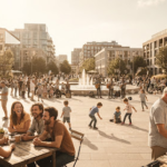 An expansive, wide-angle shot of a vibrant community gathering in a sunlit public square, framed by modern urban architecture. The scene captures candid moments of interaction, laughter, and connection. The lighting is bright and optimistic, casting long, soft shadows. The color grading emphasizes warm sepia undertones, evoking a sense of nostalgia mixed with contemporary urban life.