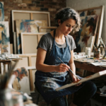 A portrait of a contemporary artist in their studio, surrounded by unfinished canvases. The mood is intimate and focused, with soft, directional lighting creating deep shadows and highlighting the artist's expression and materials.