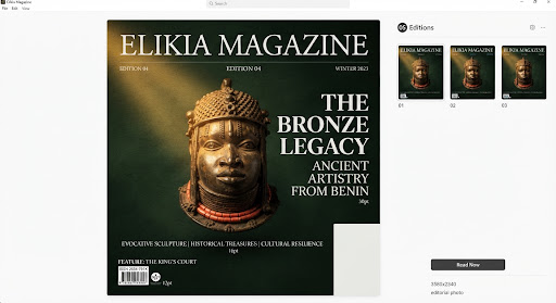 Editorial art cover of an Elikia edition featuring an evocative sculptural bronze head from Benin