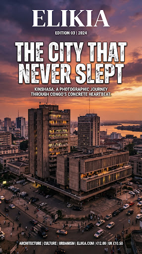 Editorial magazine cover of an Elikia edition with large typography 'THE CITY THAT NEVER SLEPT'