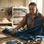 Intimate portrait of an African textile designer draping hand-dyed indigo fabric across an architectural studio table in Lagos