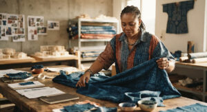 Intimate portrait of an African textile designer draping hand-dyed indigo fabric across an architectural studio table in Lagos