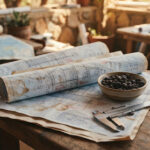 Close-up of weathered architectural blueprint sheets beside dried coffee cherries and steel calipers