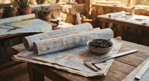 Close-up of weathered architectural blueprint sheets beside dried coffee cherries and steel calipers