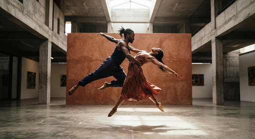 Two African contemporary dancers suspended in mid-movement inside a brutalist concrete gallery in Dakar