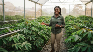 Portrait of a young female agritech founder standing in a lush green cassava greenhouse in Kumasi Ghana