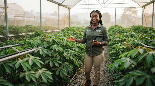 Portrait of a young female agritech founder standing in a lush green cassava greenhouse in Kumasi Ghana