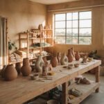 Modern minimalist interior of a ceramic studio in Johannesburg with sculptural terracotta vases