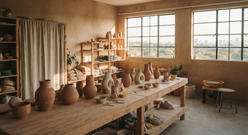 Modern minimalist interior of a ceramic studio in Johannesburg with sculptural terracotta vases